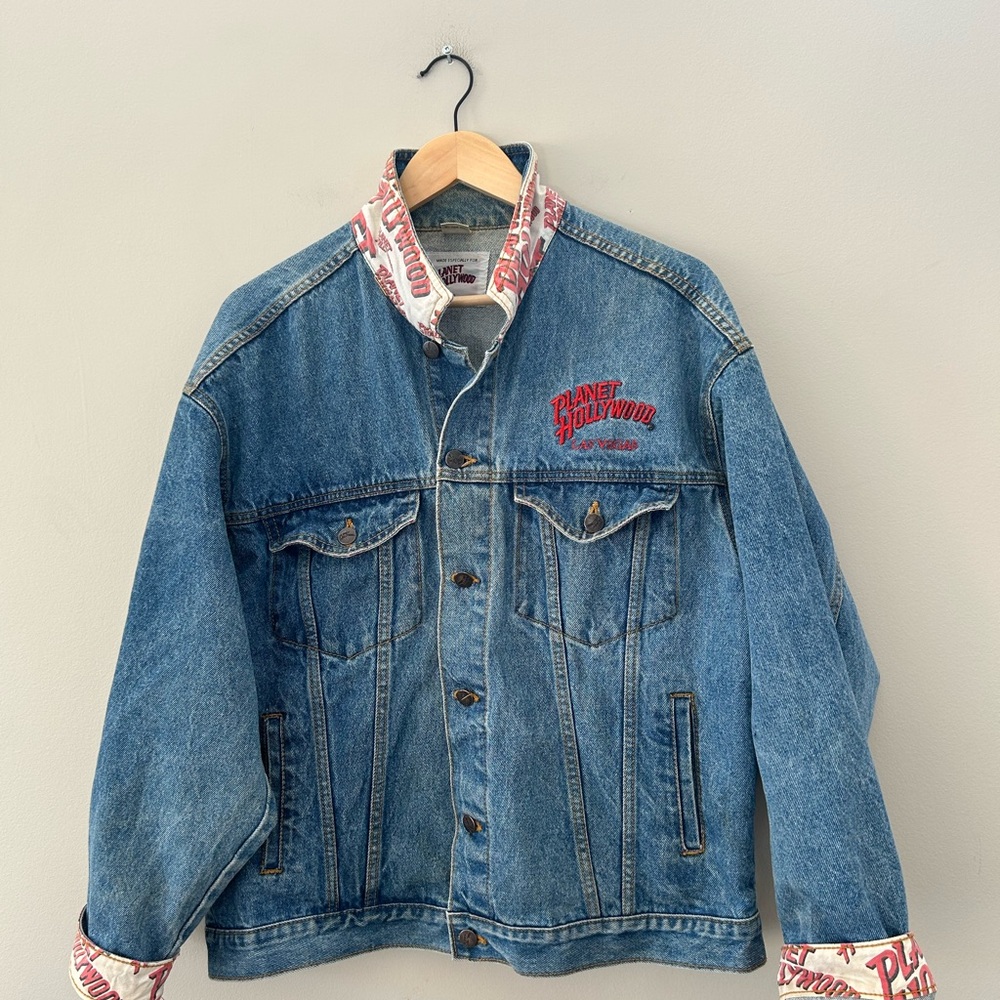 Vintage Blue Denim Jean Jacket with Red Script - Picture 9 of 10